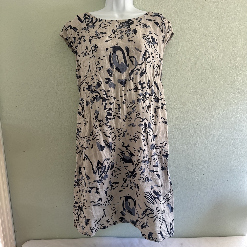 Luca Vanucci Italy Bohemian Tan Watercolor 100% Linen Flared Dress Tunic Size L